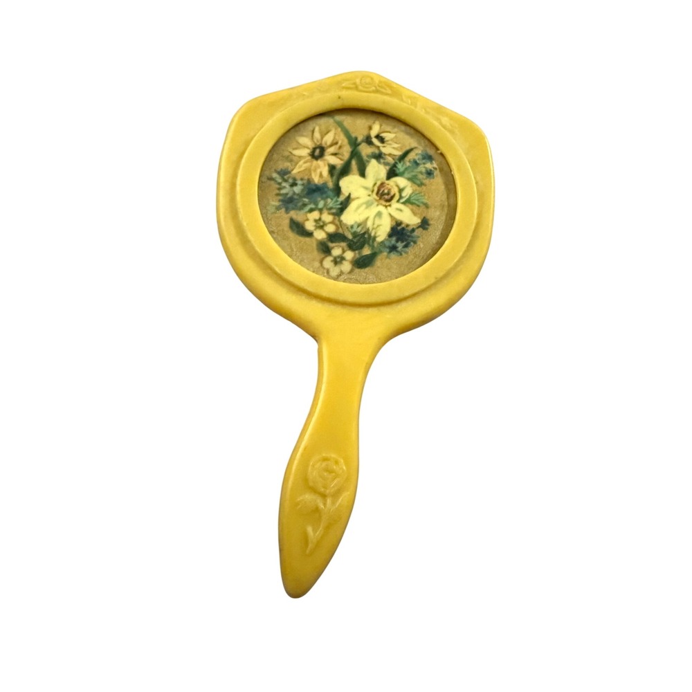 Vintage Mini Butterscotch Celluloid Hand Mirror Floral Rose Vanity Collectible